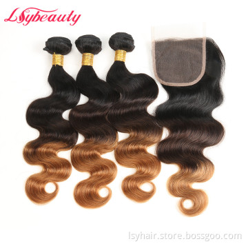 Classic Natural Pre Dyed Ombre Color Brazilian Body Wave Hair Bundles With Closure 1B 4 30  Human Hair Bundles with Lace Closure